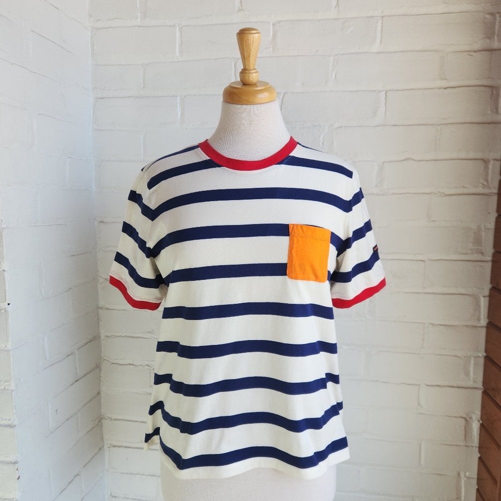 Saint James Womens Striped Shirt With Pocket Short Sleeve Sz 8 Read Description